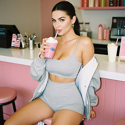 Photograph of a young woman with dark hair in a ponytail, wearing a gray sports bra and high-waisted shorts, sipping a pink