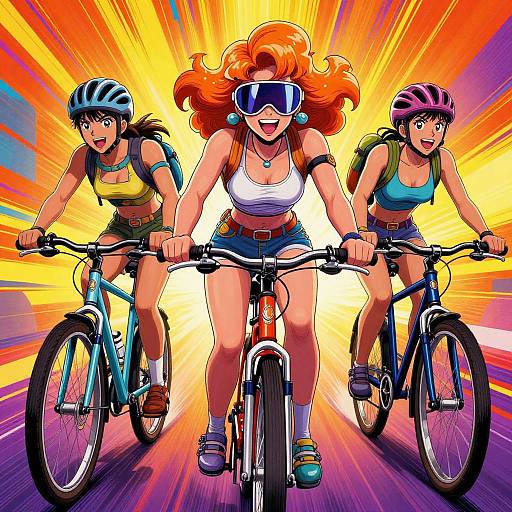 Colorful digital illustration of three excited women cyclists in helmets and gear, wearing sunglasses, riding bicycles toward a radiant, sunburst background.