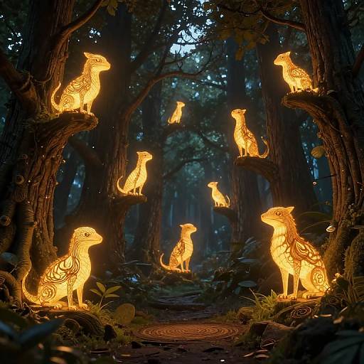 Photograph of a luminous forest scene featuring glowing, intricately patterned animal lanterns perched on trees, casting a warm, enchanting light