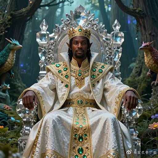 Photorealistic digital art of a dark-skinned, bearded king with pointed ears, wearing an ornate white and gold robe with green gems,