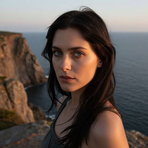 Photograph of a pale-skinned woman with long black hair, intense blue eyes, and dark lipstick, standing on a rocky cliff overlooking the ocean at