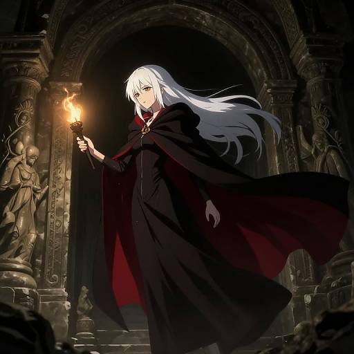 Digital anime artwork of a white-haired, pale-skinned sorcerer in a black cape, holding a glowing torch in a dark, ancient stone archway