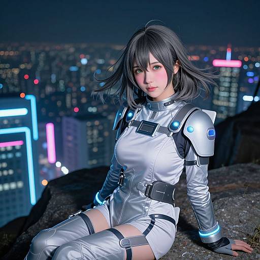 CGI image of a young woman with black hair, wearing a white, futuristic armored suit, sitting on a rocky ledge at night, with a city