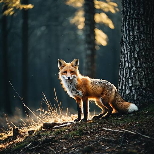 Red Fox in Forest with Dramatic Lighting