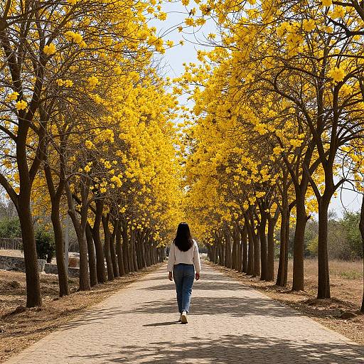 Photograph of a woman with long black hair, white blouse, and blue jeans, walking down a sunlit path flanked by vibrant yellow-leaved