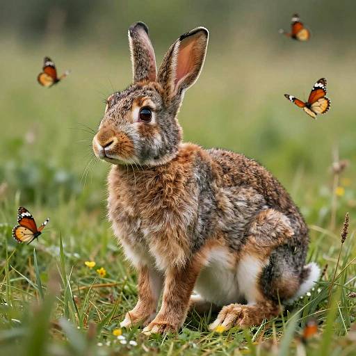 Photograph of a brown and white cottontail rabbit with alert ears, surrounded by four orange and black butterflies in a lush green meadow.