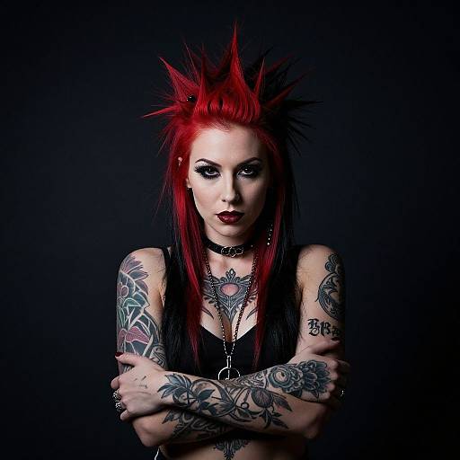 Photograph of a pale-skinned woman with striking red spiky hair, black lipstick, and extensive tattoos, wearing a black choker and top,