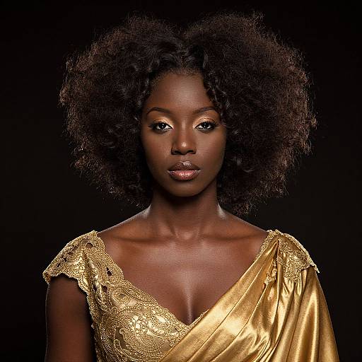 Photograph of a beautiful African-American woman with dark skin and curly hair, wearing a gold, lace-trimmed, one-shoulder dress,