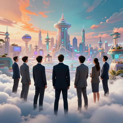 Digital art: Six business professionals in suits, standing on cloud, gazing at futuristic cityscape with neon skyscrapers at sunset.