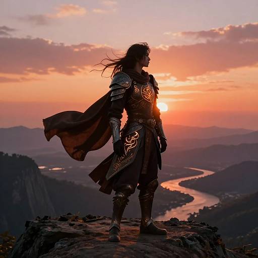 Silhouetted warrior in ornate armor stands on a rocky peak, overlooking a winding river at sunset, with mountains in the background. Photoreal