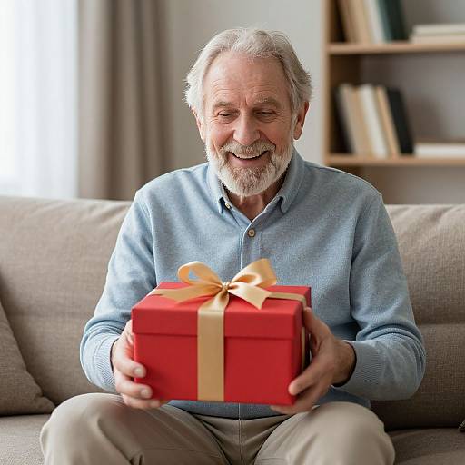 Photograph of smiling elderly man with white hair and beard, wearing blue shirt, holding red gift box with yellow ribbon, sitting on beige couch in modern