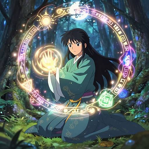 Anime-style digital illustration of a long-haired girl in a green kimono, kneeling in a moonlit forest, creating glowing magical circles around herself with bright