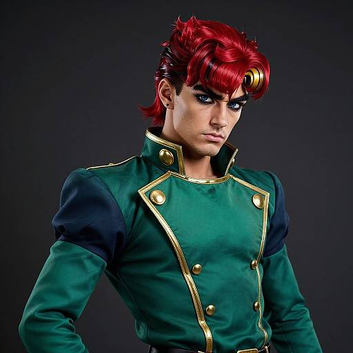 Photograph of a young man with vibrant red hair, intense blue eyes, wearing a green military-style jacket with gold buttons and trim, against a dark