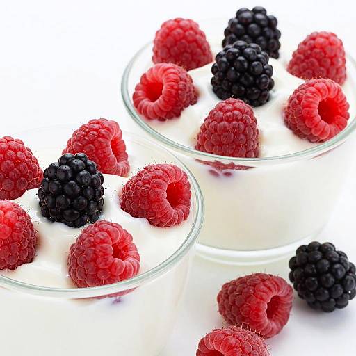 Photograph of two clear glass bowls filled with white yogurt topped with vibrant red raspberries and glossy black blackberries on a white background.