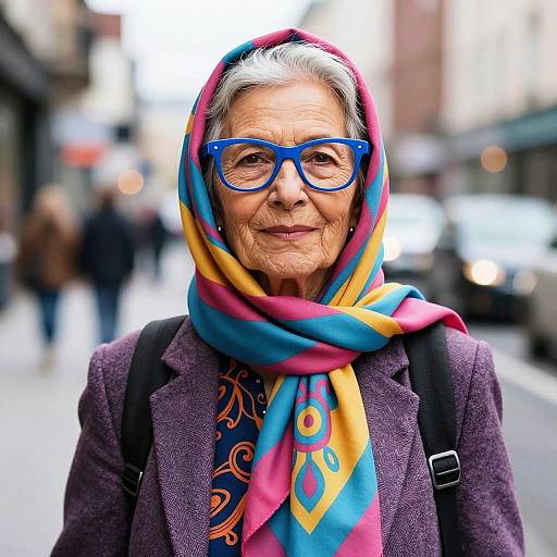 Stylish Elderly Woman Wearing Colorful Headscarf and Blue Glasses