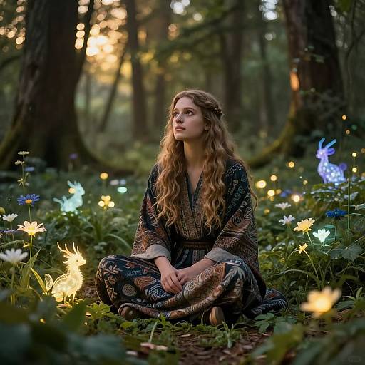 Photograph of a young woman with long, wavy blonde hair, sitting in a magical forest, surrounded by glowing fireflies and colorful flowers, wearing