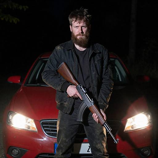 Bearded Man with Rifle Nighttime Scene