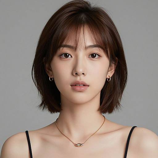 Photograph of an East Asian woman with short, dark brown hair, light skin, wearing black spaghetti straps, gold necklace, and small hoop earrings,