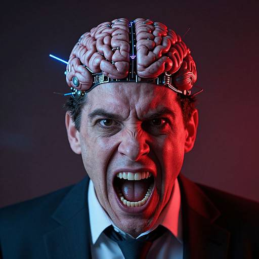 Photograph of a middle-aged man with a brain helmet, fierce expression, open mouth, red and blue lighting, dark suit, white shirt, and
