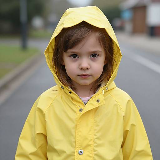Photograph of a young girl with fair skin and brown hair, wearing a bright yellow raincoat with hood, standing on a blurred suburban street.