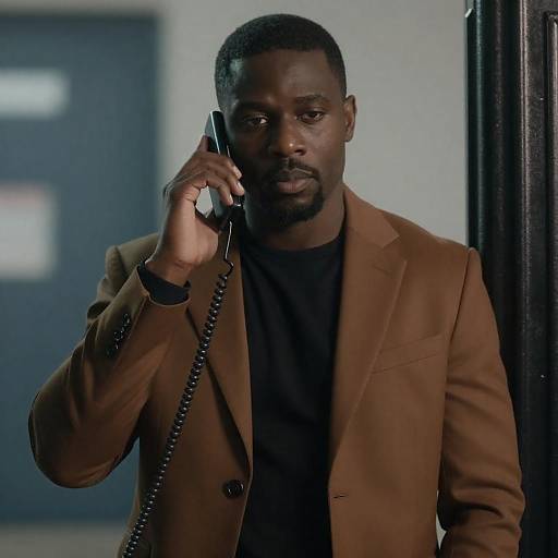 Focused Man in Brown Suit on Phone