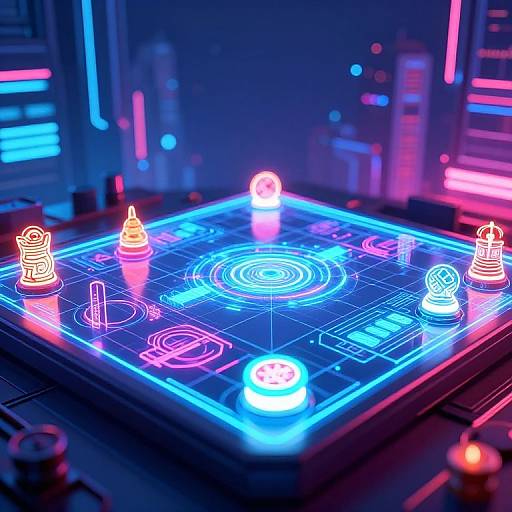 Neon-lit futuristic holographic game board with glowing blue and pink symbols and figures, set on a metallic control panel.