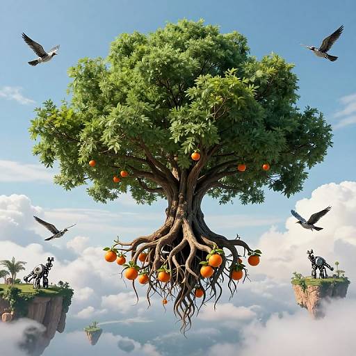 Digital artwork of a floating orange tree with vibrant green leaves, orange fruits, and exposed roots, surrounded by birds and clouds, with cliffside figures below
