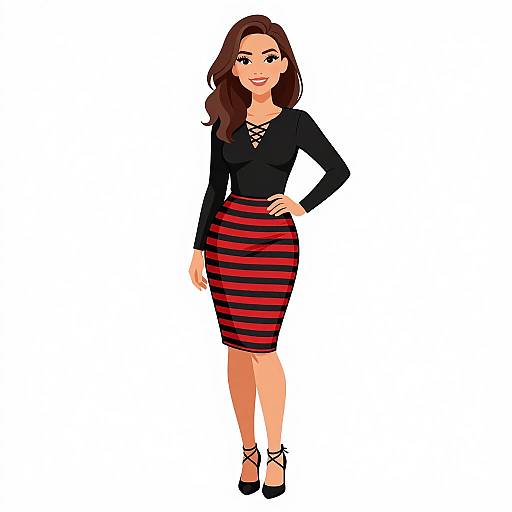 Digital illustration of a smiling woman with long brown hair, wearing a black lace-up top and red-black striped pencil skirt, black high heels, standing against