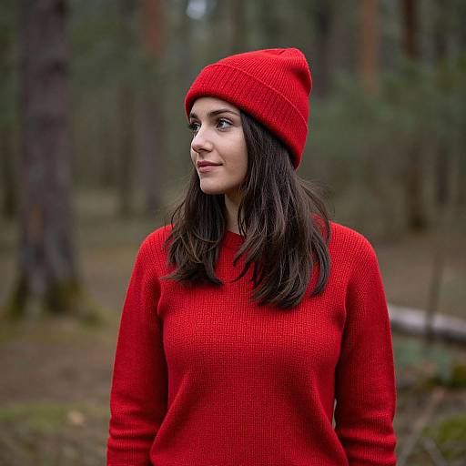 Woman in Red Sweater and Beanie in Forest