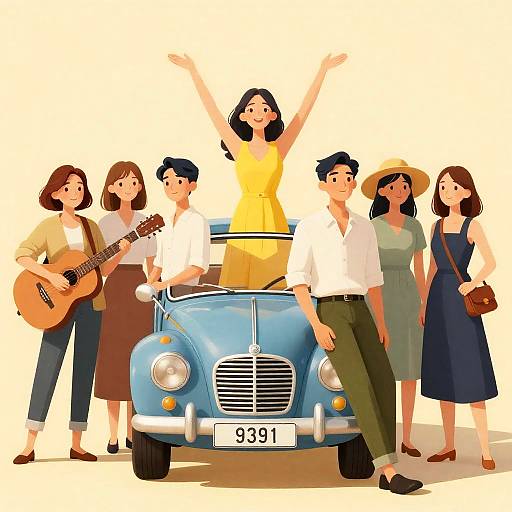 Vibrant Gathering Around Vintage Blue Car