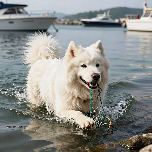 Samoyed Dog Retrieving Nets in Harbor