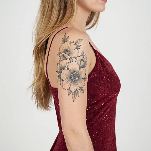 Photograph of a woman with long blonde hair, wearing a red, sparkly sleeveless dress, showcasing a detailed black-and-gray floral tattoo on her
