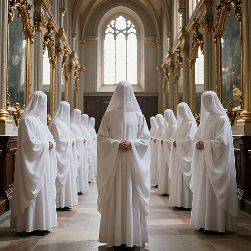 Photograph of a group of robed, hooded figures in white standing in a grand, ornate church with tall arched windows and gold-fr