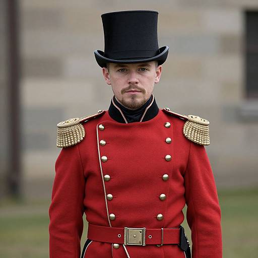 Photograph of a Caucasian man with a trimmed beard, wearing a black top hat, red military uniform with gold epaulettes, and black neck