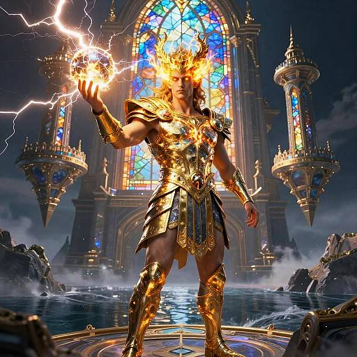 Epic digital art: Golden armored warrior with fiery crown, holding lightning, stands before a glowing stained glass cathedral, surrounded by mist and rocky terrain.