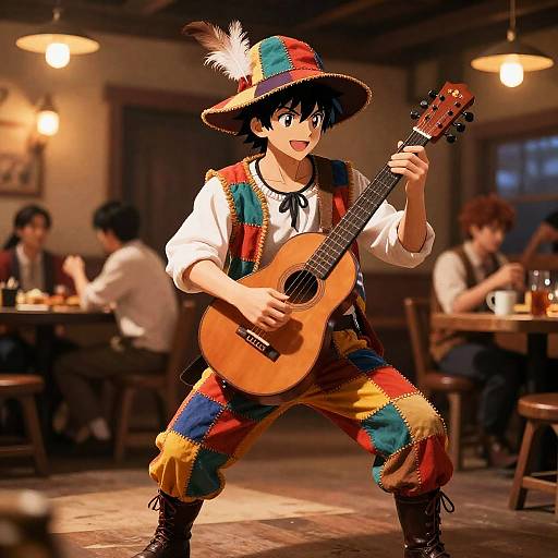 Colorful, anime-style boy in a hat and patchwork vest, playing a guitar in a dimly lit, rustic tavern with patrons in the background