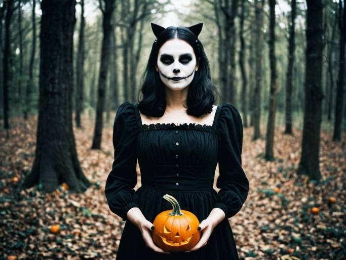 Woman in Black Dress with Pumpkin in Forest