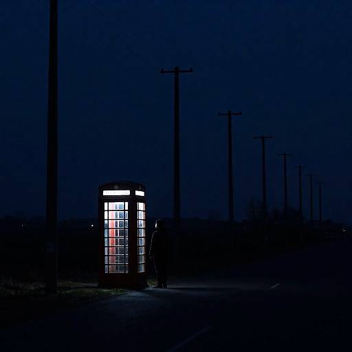 Lone Figure by Glowing Telephone Booth at Night