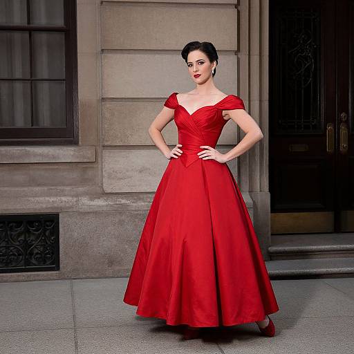 Photograph of a fair-skinned woman in a red, off-shoulder, full-skirted gown, standing confidently with hands on hips,