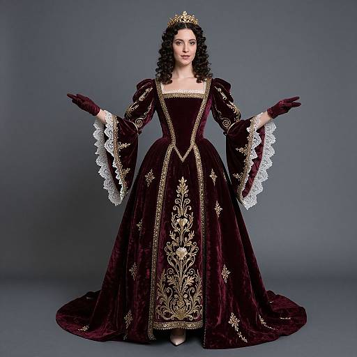 Photograph of a woman with curly black hair, wearing a gold crown, deep purple velvet Renaissance-style gown with gold embroidery, white lace cuffs, and