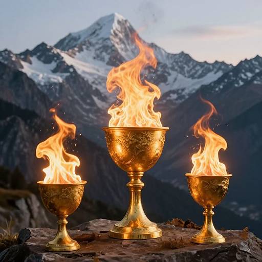 Photograph of three ornate, golden chalices with bright flames, set against a backdrop of snow-capped mountains under a cloudy sky.