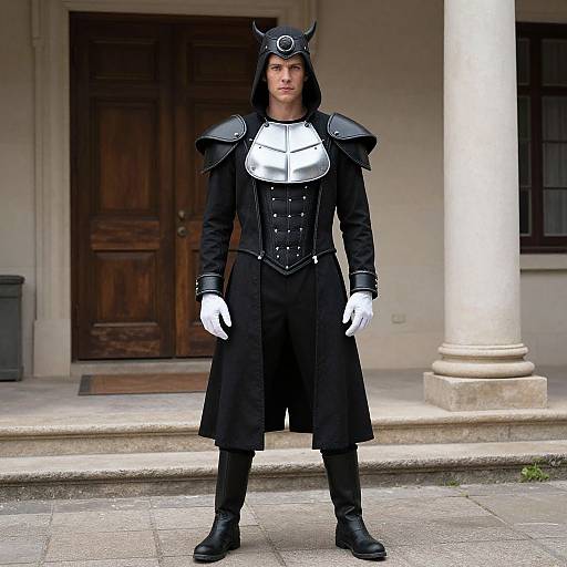 Photograph of a man in black medieval-style armor with white chest plate, horned helmet, white gloves, black coat, and boots, standing in