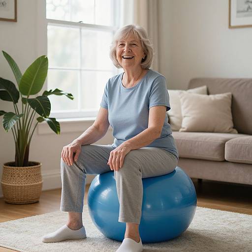 Photograph of smiling elderly woman with short gray hair, wearing light blue shirt and gray pants, sitting on blue exercise ball in bright living room.