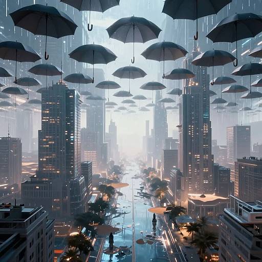 Cyberpunk Cityscape with Floating Umbrellas