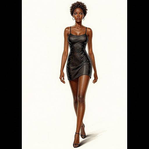 Photograph of a tall, dark-skinned woman with short, curly hair, wearing a tight, black, spaghetti-strap dress and black high heels