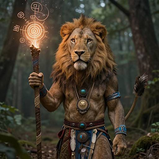 Photorealistic digital art: anthropomorphic lion with a muscular build, holding a glowing magical staff, adorned with jewelry, standing in a misty forest