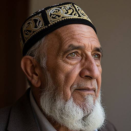 Close-up photograph of an elderly man with a white beard, wearing an ornate black and gold headscarf, looking thoughtfully to the side.