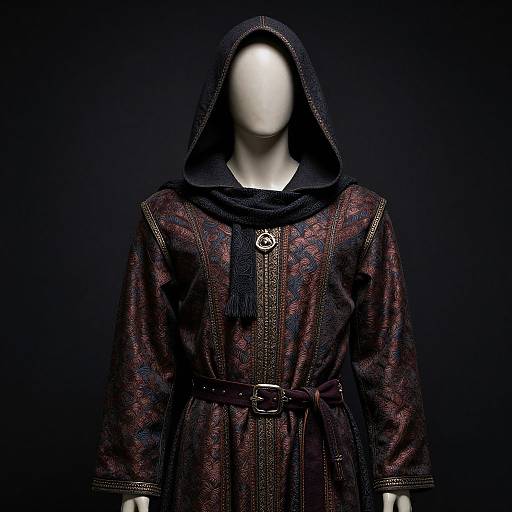 Photograph of a faceless mannequin in a dark, ornate, medieval-style robe with intricate patterns, a hood, and a belt,