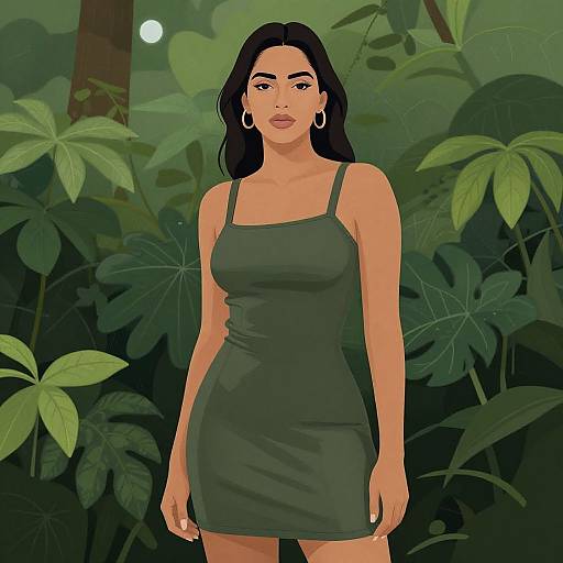 Digital illustration of a curvy woman with long black hair, wearing a dark green, sleeveless dress, standing in a lush jungle with large green leaves