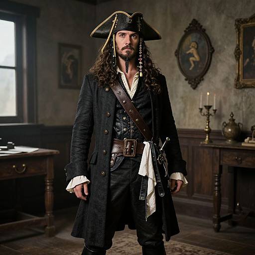 Photograph of a rugged, long-haired pirate with a black tricorn hat, dark coat, and white shirt, standing in a dimly lit,